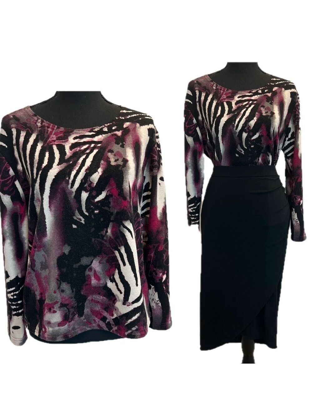 Purple grey ivory zebra tiger animal print long sleeve sweater Sz M